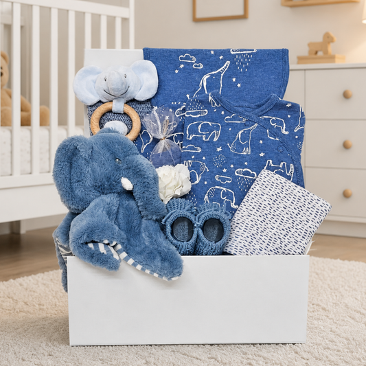 elephant baby boy gift box hamper with organic cotton baby clothes plush elephant comforter wooden rattle and booties