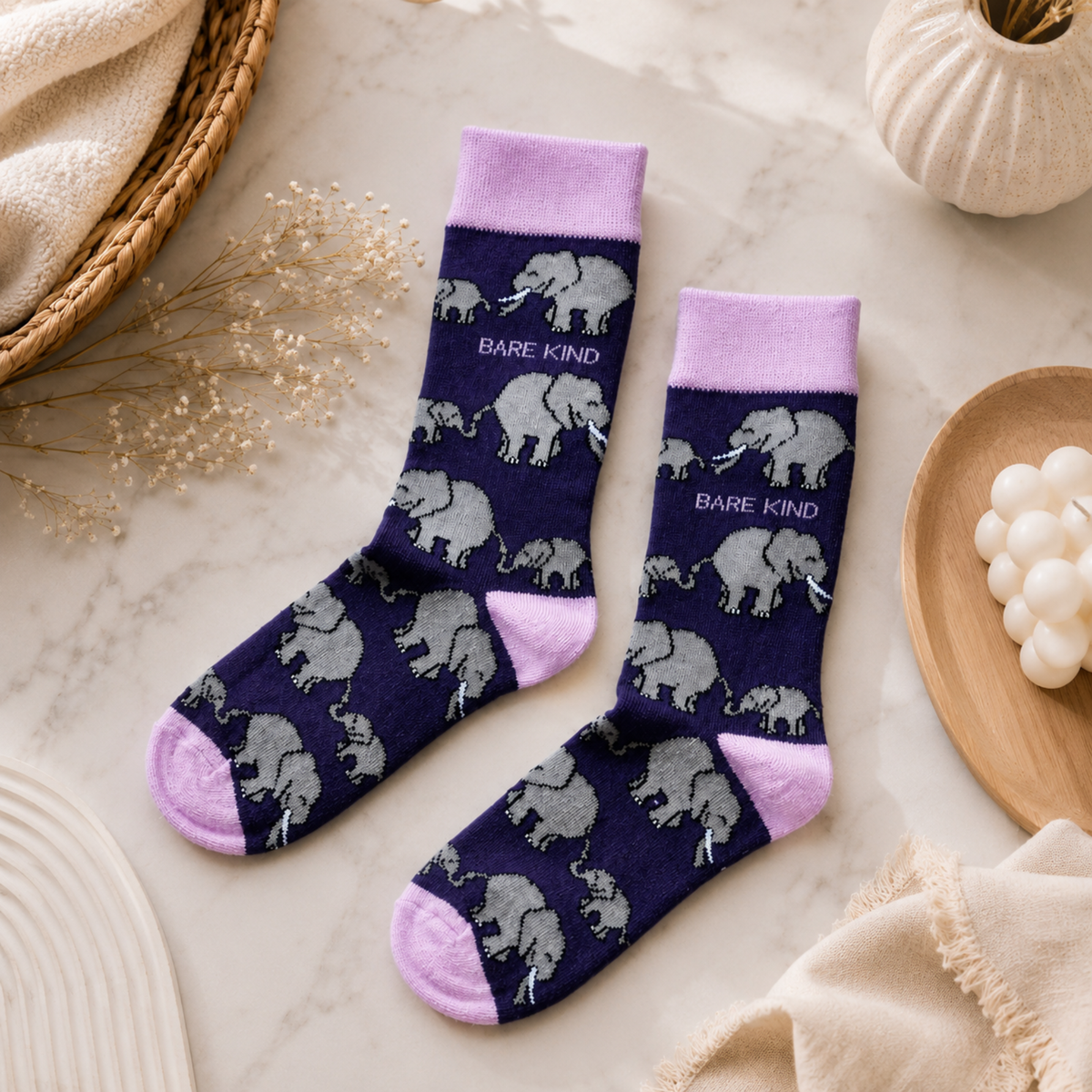 Bare Kind purple bamboo socks with grey elephant print and lilac cuffs