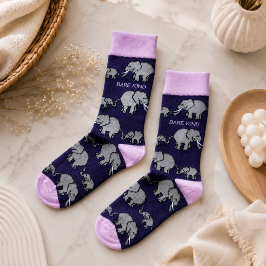 Bare Kind purple bamboo socks with grey elephant print and lilac cuffs