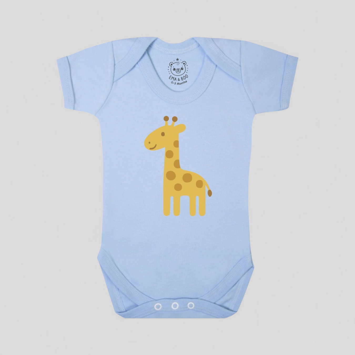 Blue baby onesie with a yellow giraffe design, gifts for baby boys