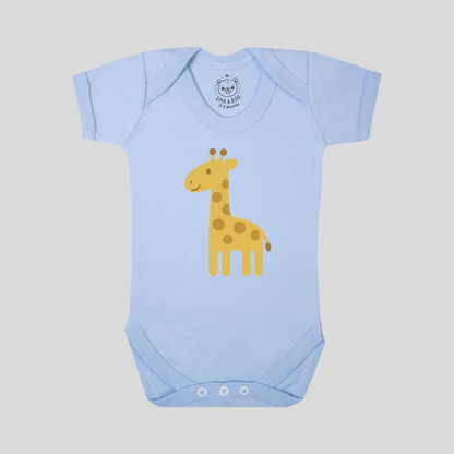 Blue baby onesie with a yellow giraffe design, gifts for baby boys
