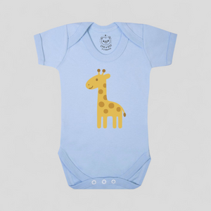 Blue baby onesie with a yellow giraffe design, gifts for baby boys
