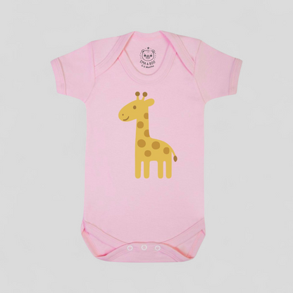 Pink baby onesie with a yellow giraffe design 