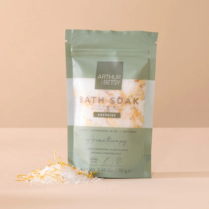 Energise aromatherapy bath salts with citrus essential oils and calendula flowers in a luxury gift pouch.