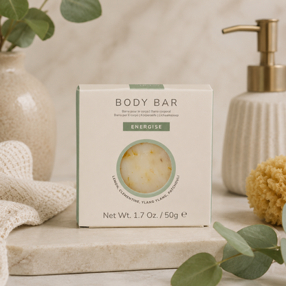 Arthur Betsy Energise aromatherapy body bar soap with lemon, clementine, ylang ylang and patchouli, perfect for luxury new mum gifts and pamper hampers.