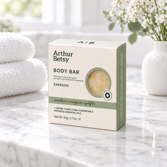 Arthur Betsy Energise aromatherapy body bar soap with lemon, clementine, ylang ylang and patchouli, perfect for luxury new mum gifts and pamper hampers.