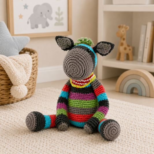 Pebble Donkey Baby Rattle – a cheerful, smiley companion dressed in a colourful striped crochet outfit