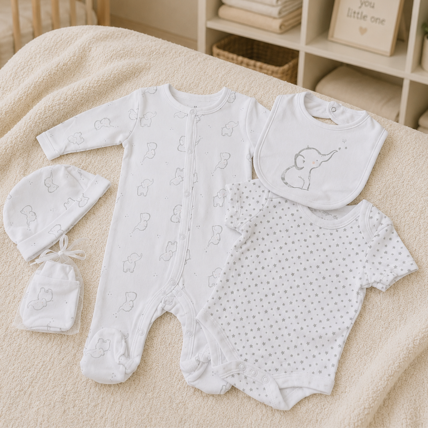 Baby clothing set with onesie, bib, hat, and booties