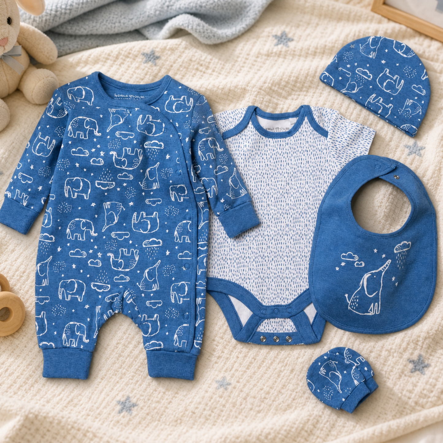 Baby clothing set with blue and white elephant patterns 