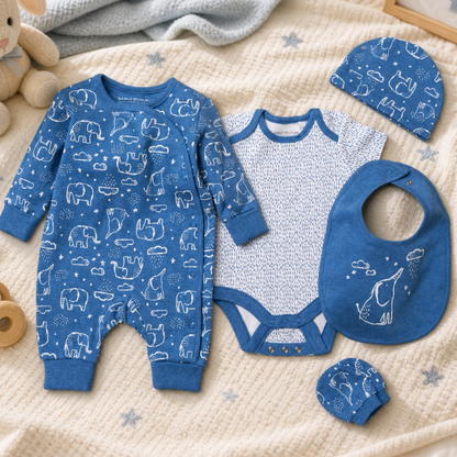 Baby clothing set with blue and white elephant patterns 