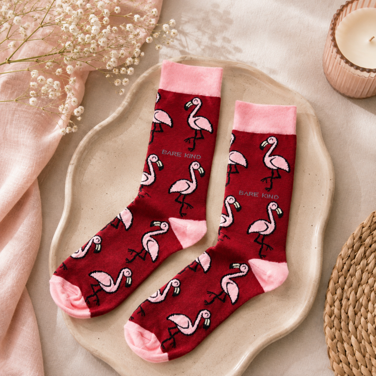 Bare Kind red bamboo socks with pink flamingo print and pink cuffs