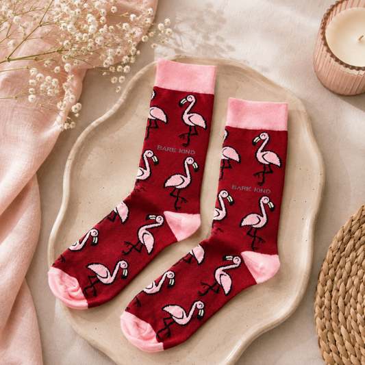 Bare Kind red bamboo socks with pink flamingo print and pink cuffs