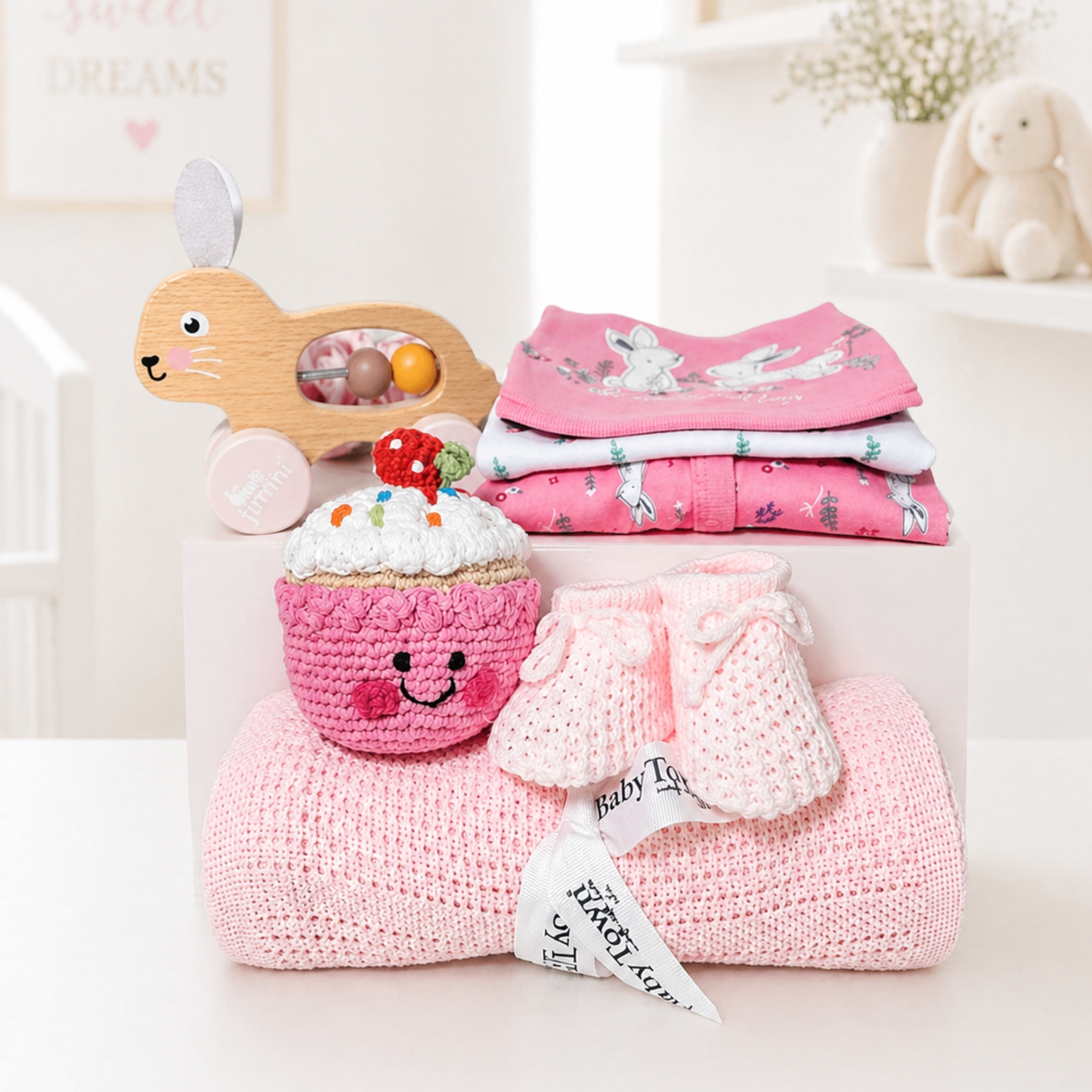 baby girl gift hamper newborn gift box pink baby clothes blanket booties toy luxury baby gift uk