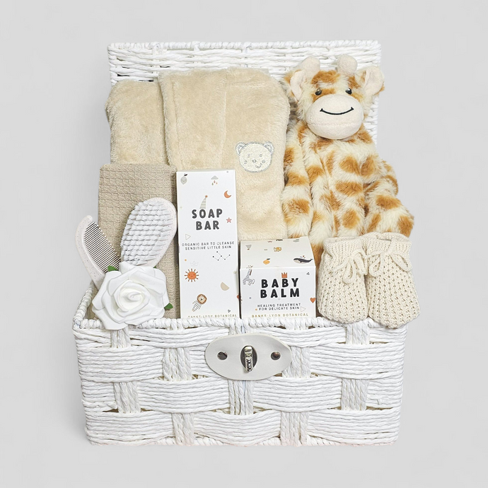 Baby hamper in a basket, neutral infant gift