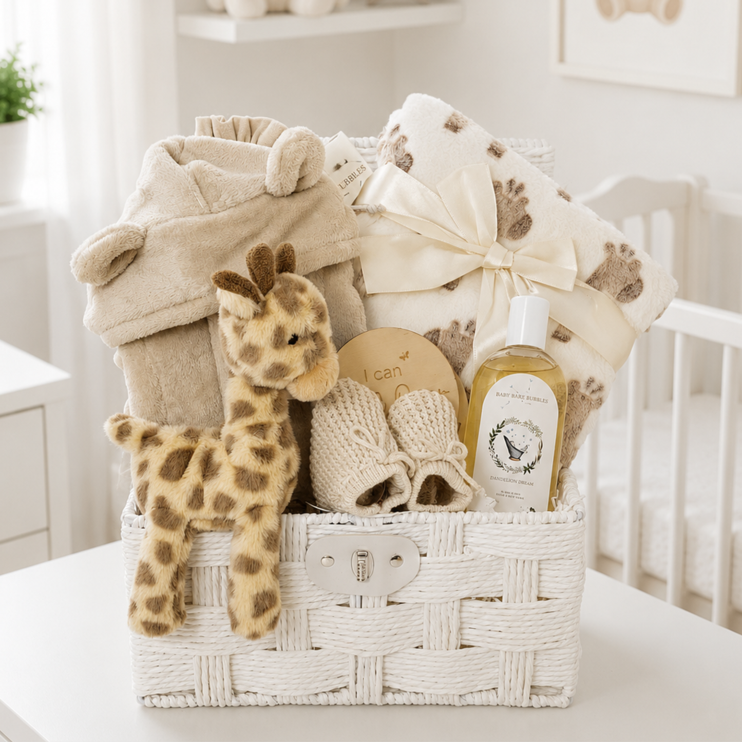 Giraffe baby gift hamper with plush robe, blanket and giraffe toy.