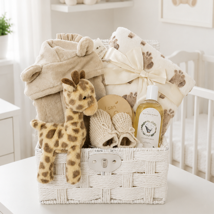Giraffe baby gift hamper with plush robe, blanket and giraffe toy.