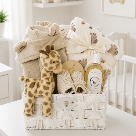 Giraffe baby gift hamper with plush robe, blanket and giraffe toy.