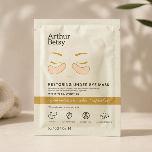 Arthur Betsy Gold Collagen Under Eye Masks with cooling hydrogel patches for new mum self-care and postpartum pampering.