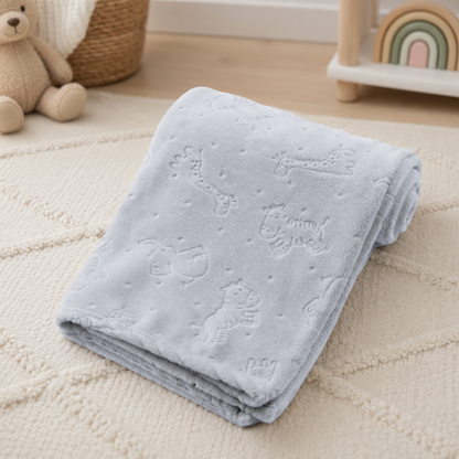 Grey plush baby blanket with embossed safari animal design, soft newborn blanket for baby boys and girls.