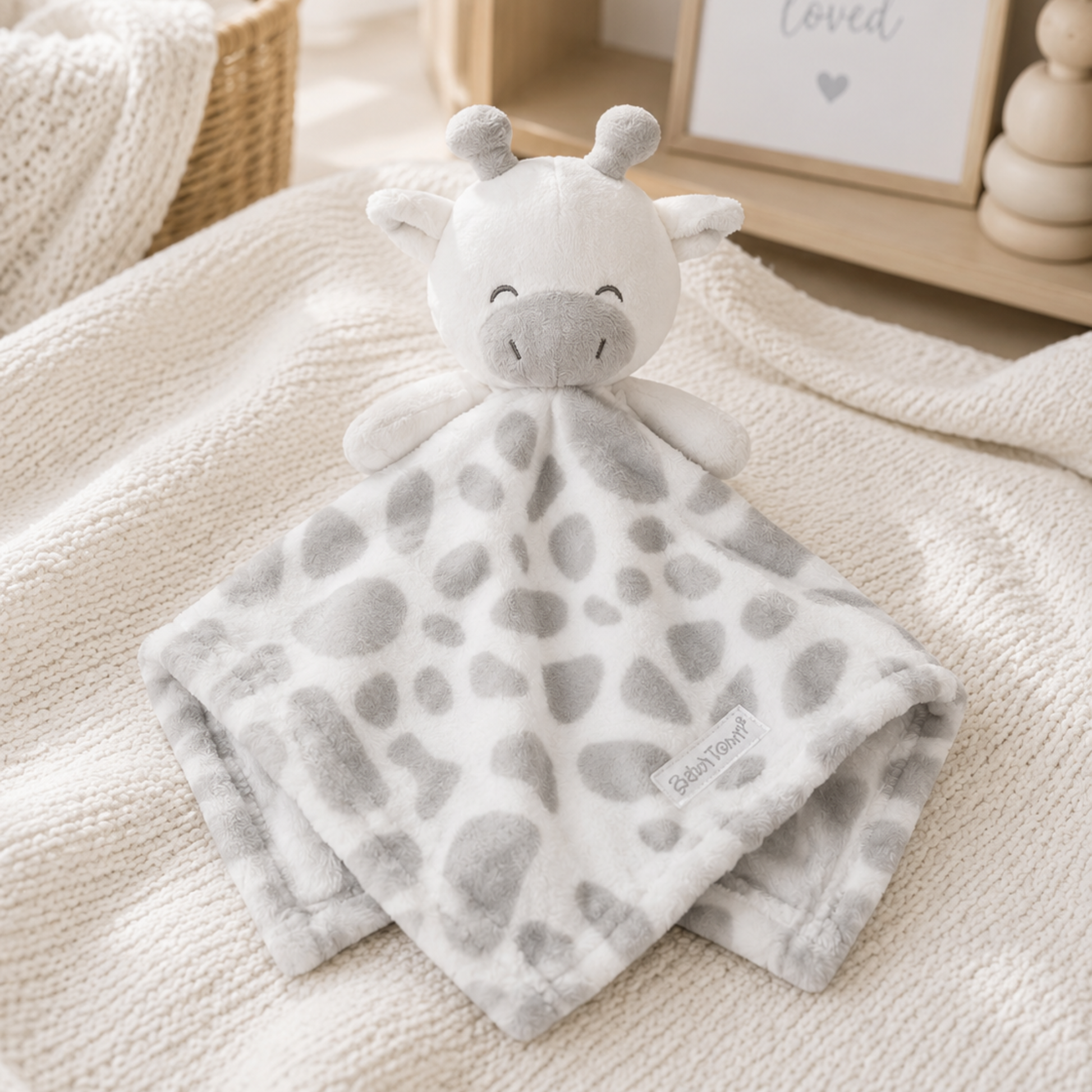 Baby Town grey giraffe comforter with a soft grey spotted plush fleece blanket measuring 35 x 35cm.