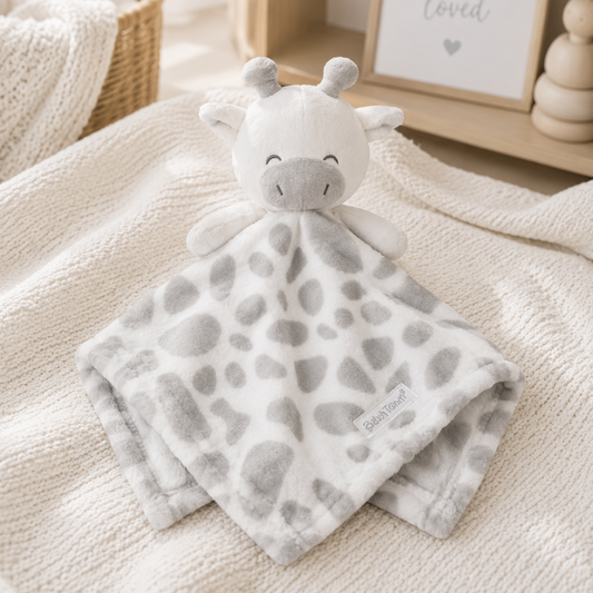 Baby Town grey giraffe comforter with a soft grey spotted plush fleece blanket measuring 35 x 35cm.