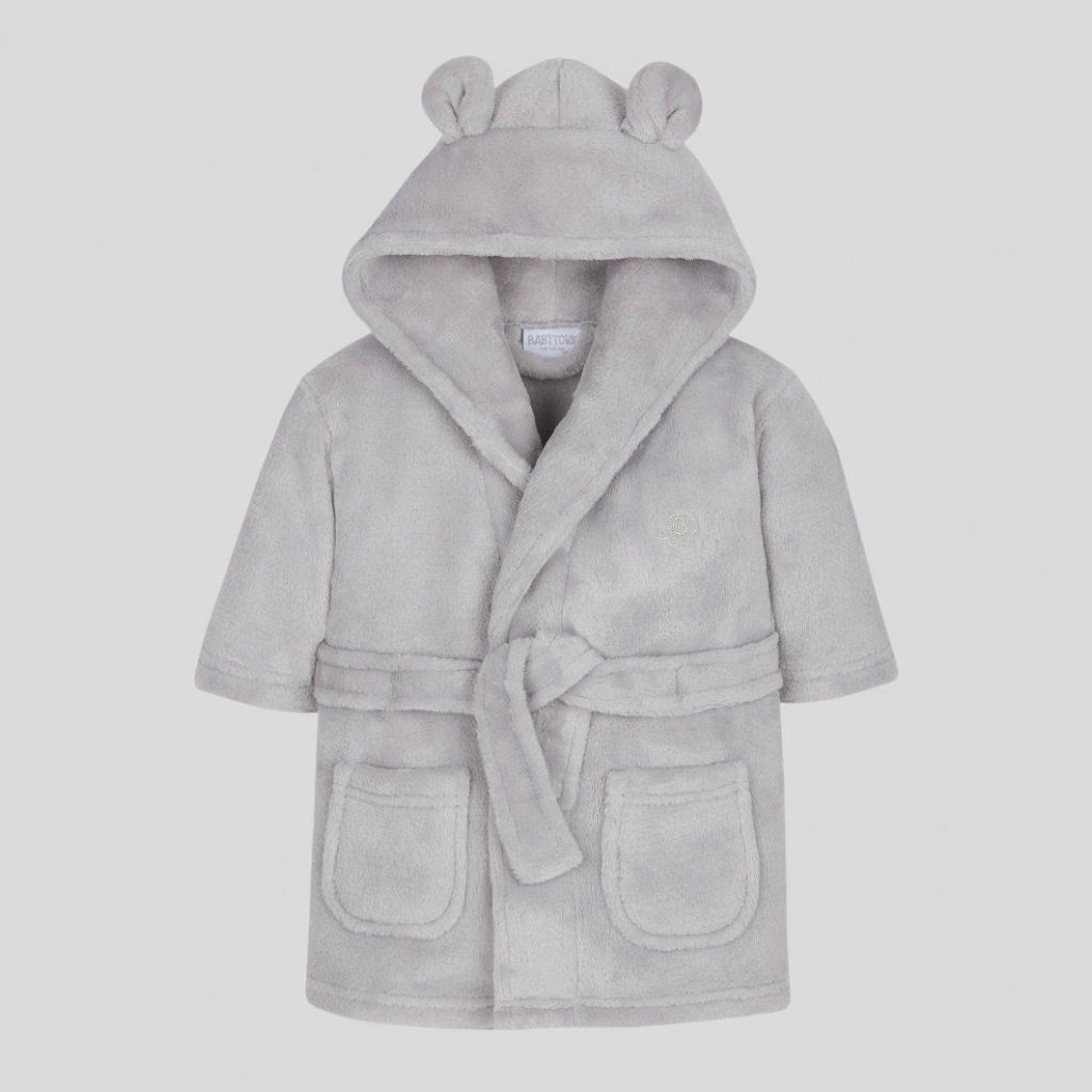 Gray children's robe with hood and ears on a light gray background