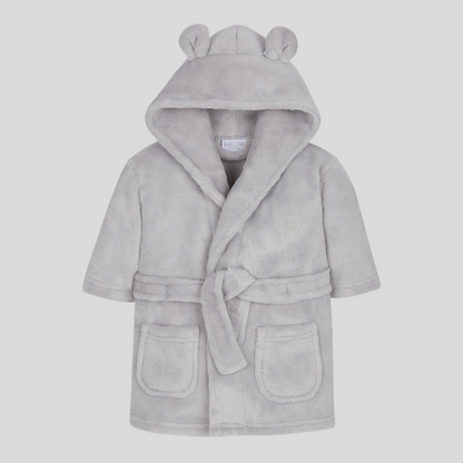 Gray children's robe with hood and ears on a light gray background