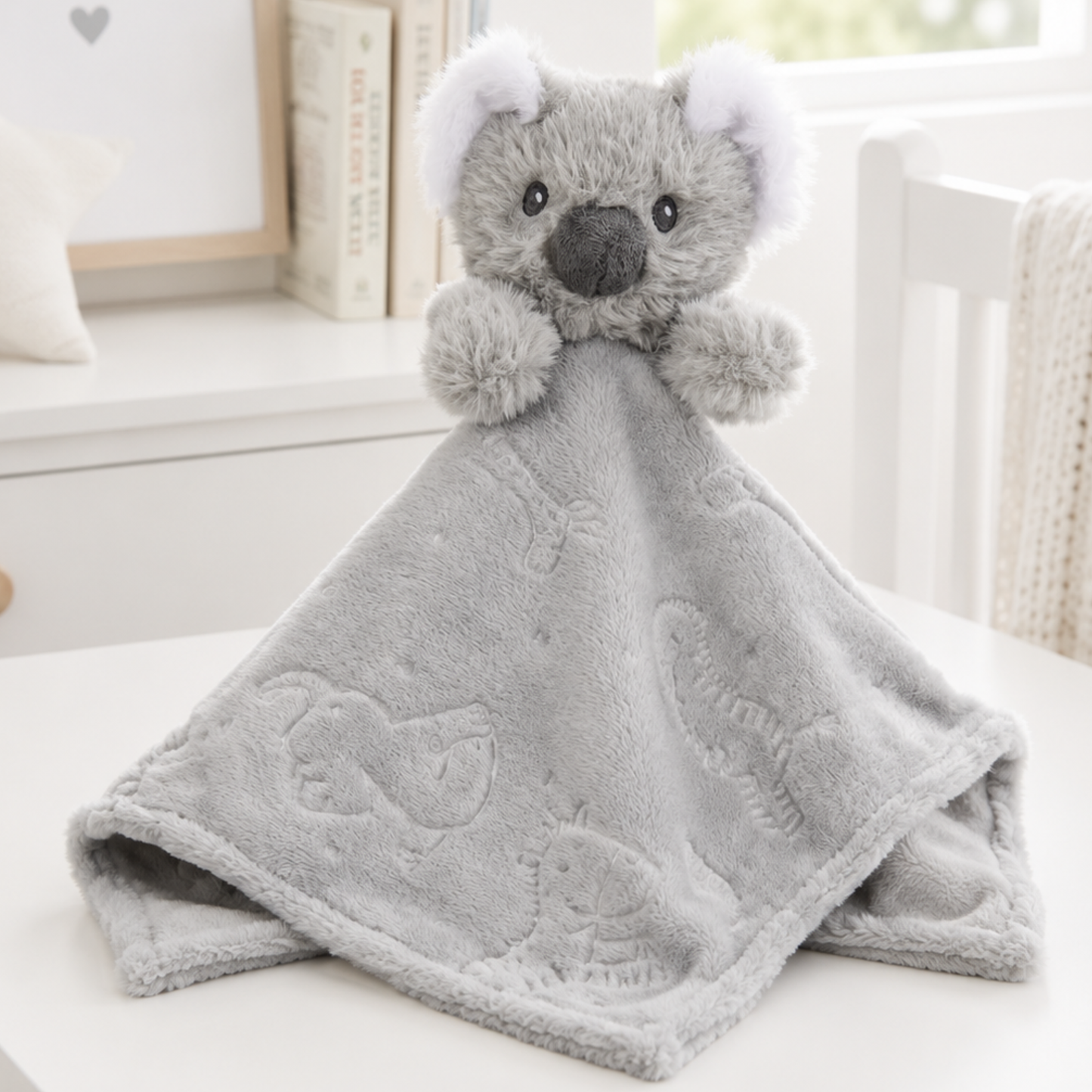 Grey safari baby comforter with a soft plush koala and embossed safari comfort blanket.