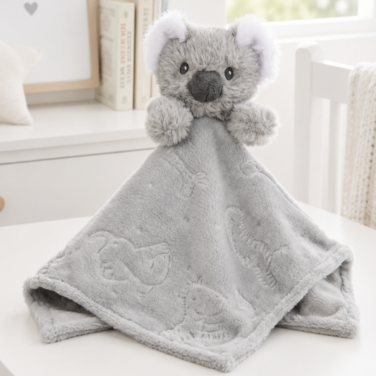 Grey safari baby comforter with a soft plush koala and embossed safari comfort blanket.