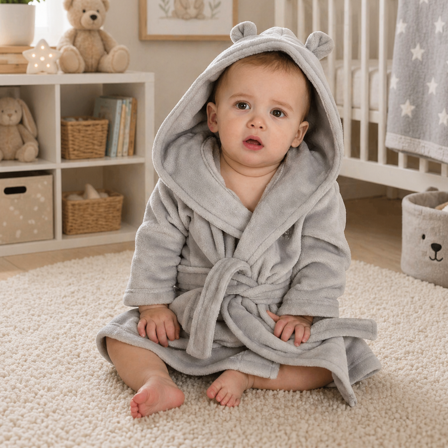 Baby wearing grey hooded dressing gown soft plush baby bath robe neutral baby gift