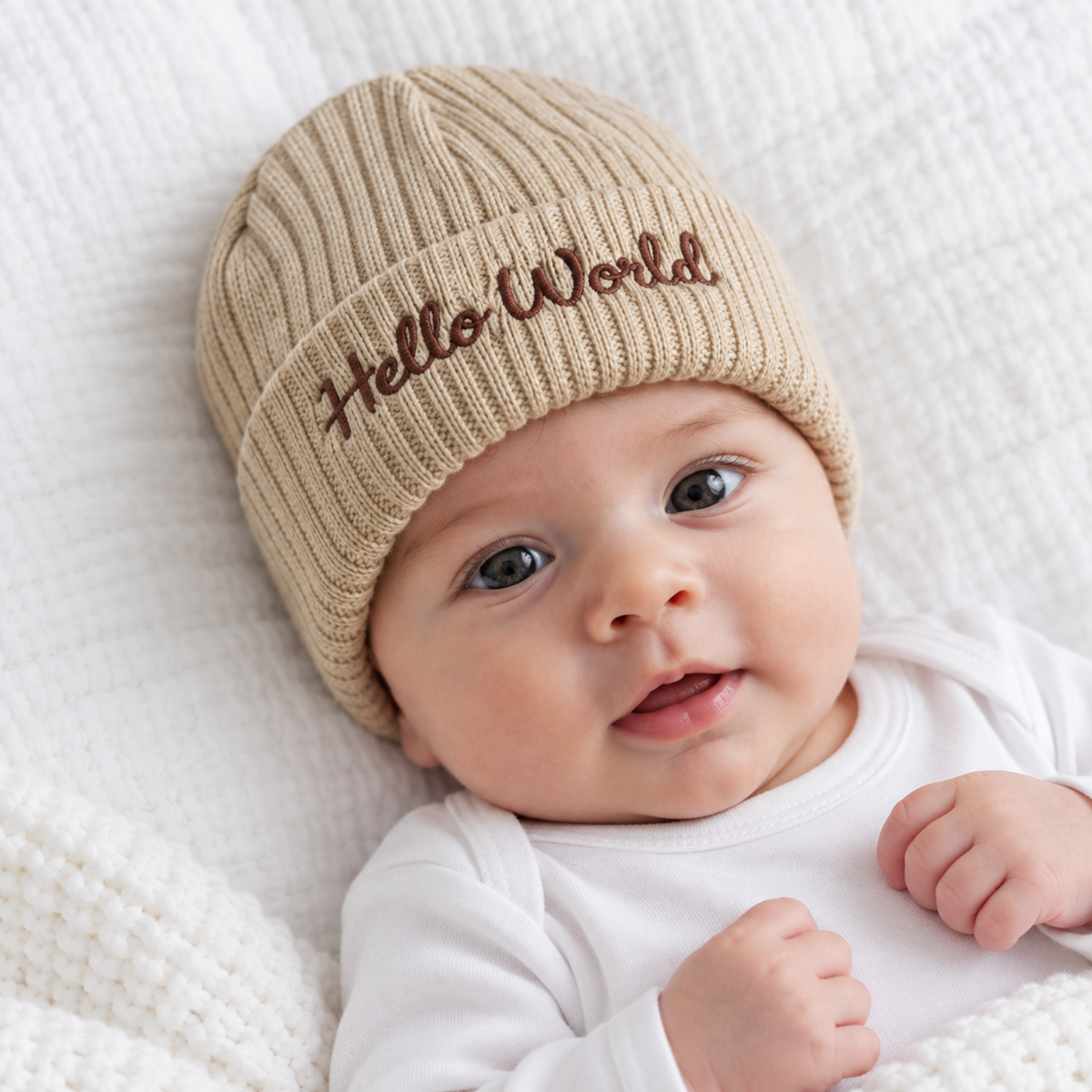 Newborn baby wearing a beige ribbed knitted hat with brown Hello World embroidery on the folded cuff.