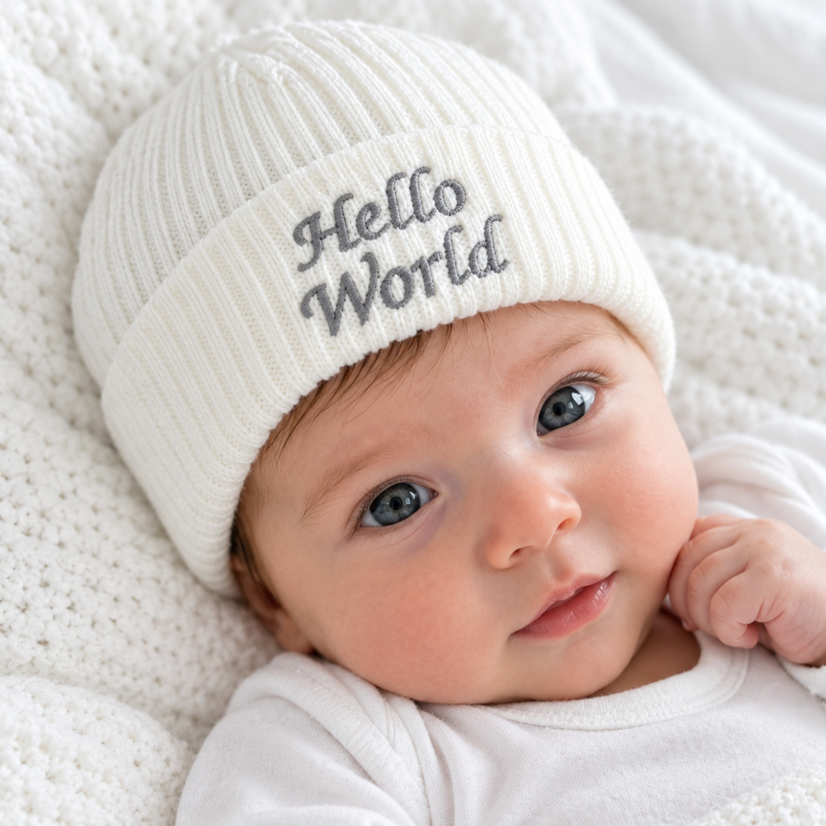 Newborn baby wearing a white ribbed knitted beanie hat with grey Hello World embroidery and a folded cuff.