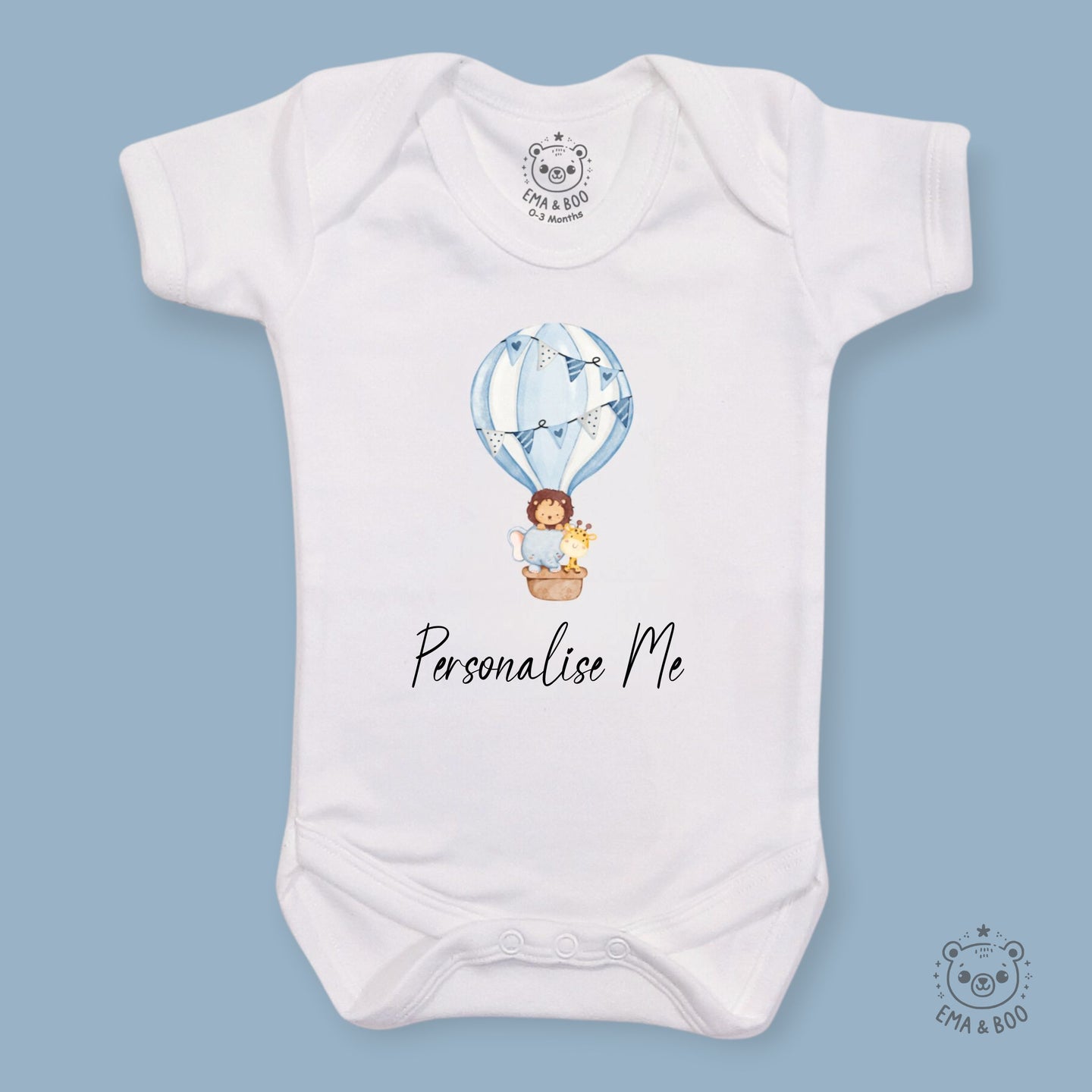 Personalised Baby Bodysuits - Hoy Air Balloon Blue