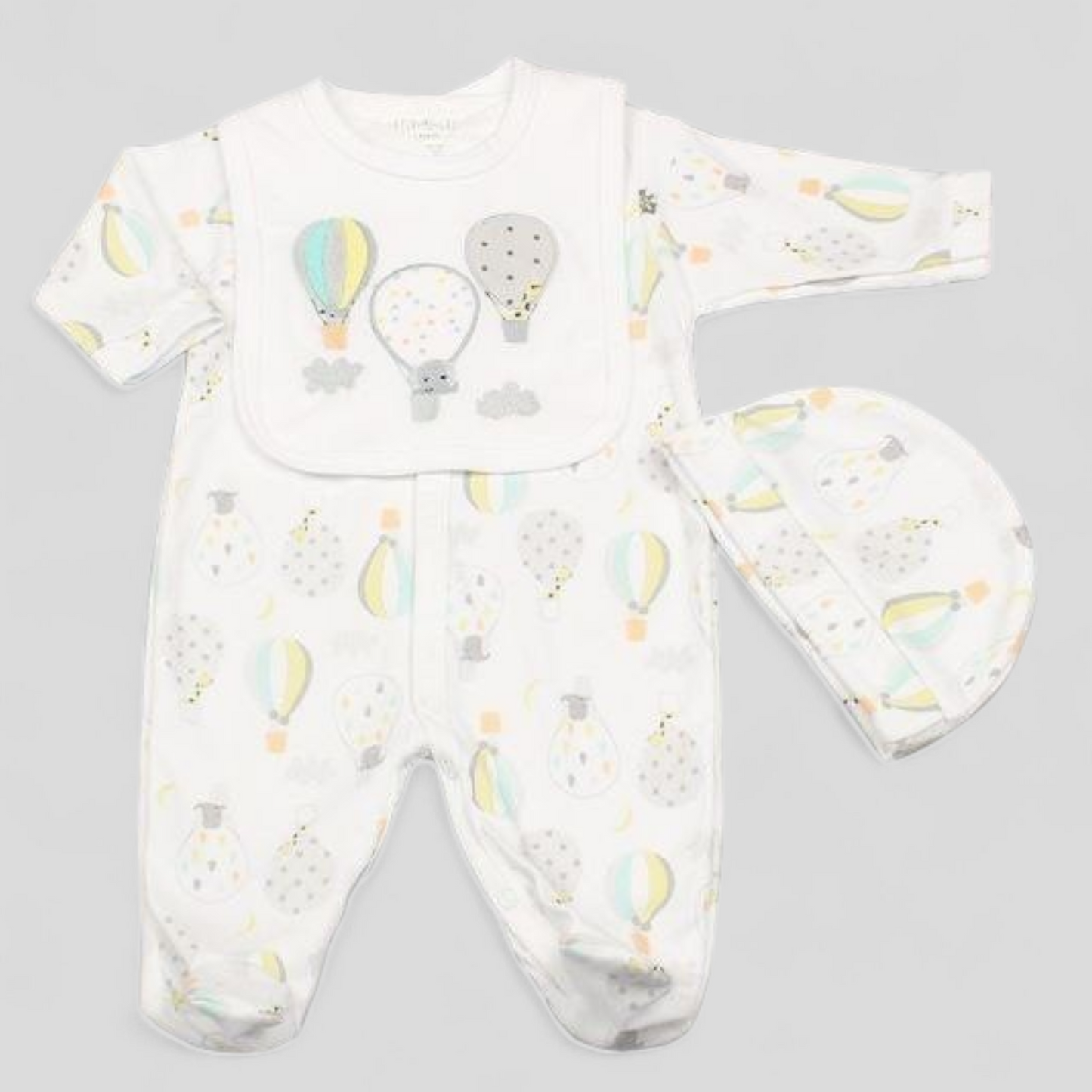 Baby onesie and hat set with hot air balloon pattern 