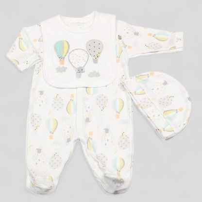 Baby onesie and hat set with hot air balloon pattern 
