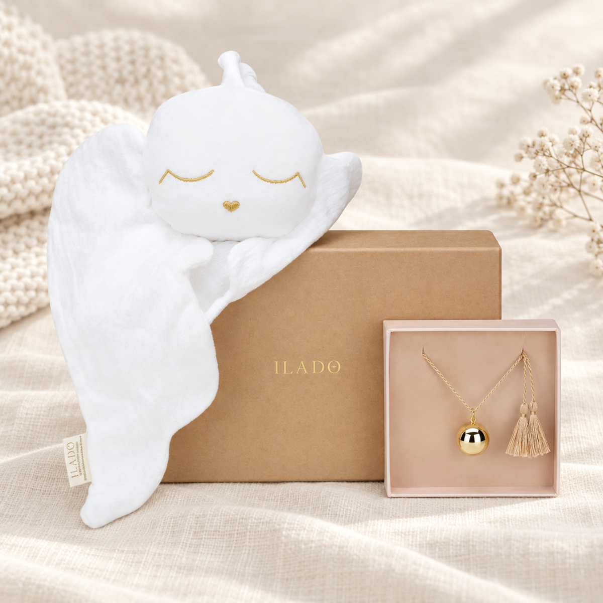 ILADO Mother and Baby Bonding Gift Set with white baby lovey and maternity necklace