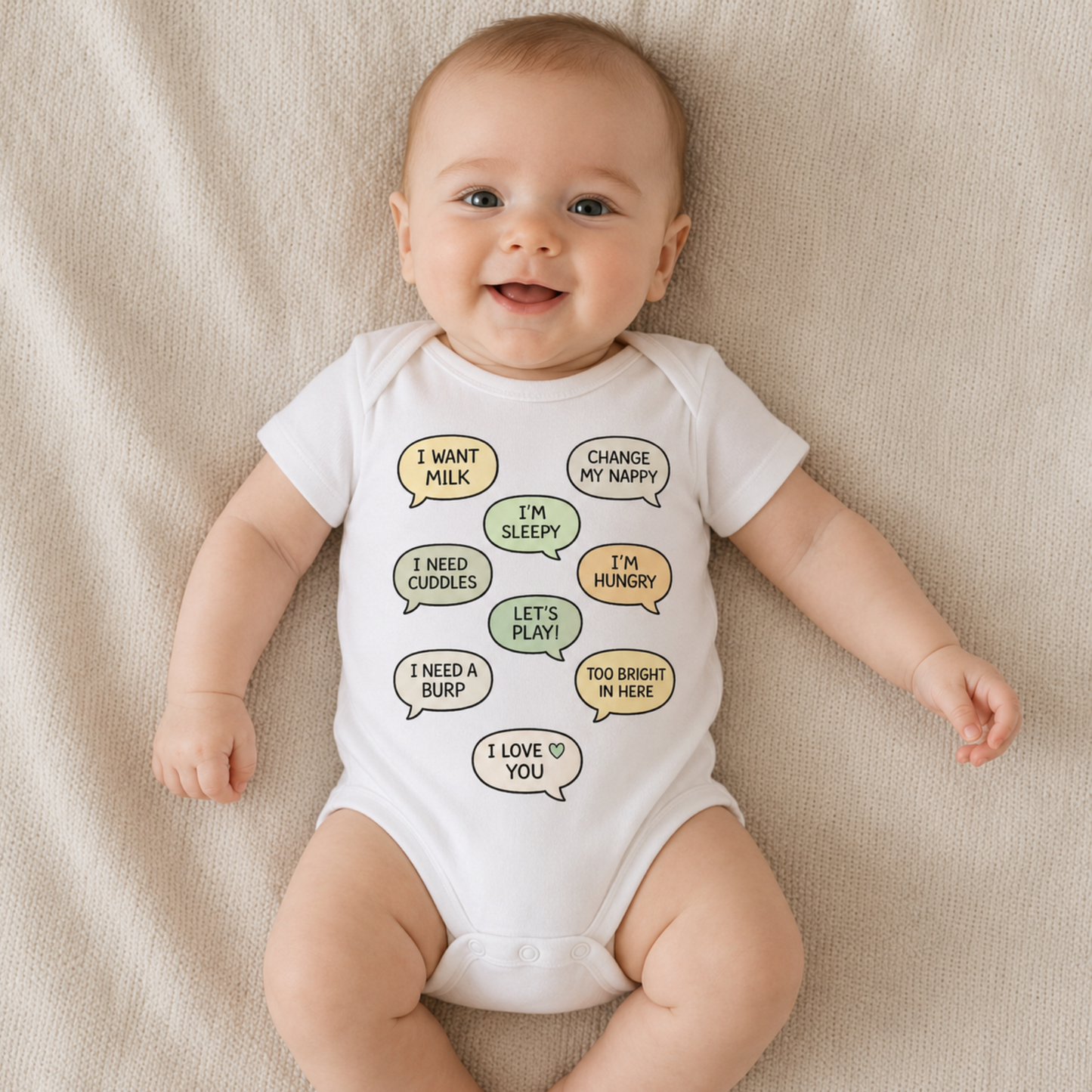 Cute unisex baby bodysuit with funny speech bubbles, ideal for newborn babies, baby gifts and baby shower presents.