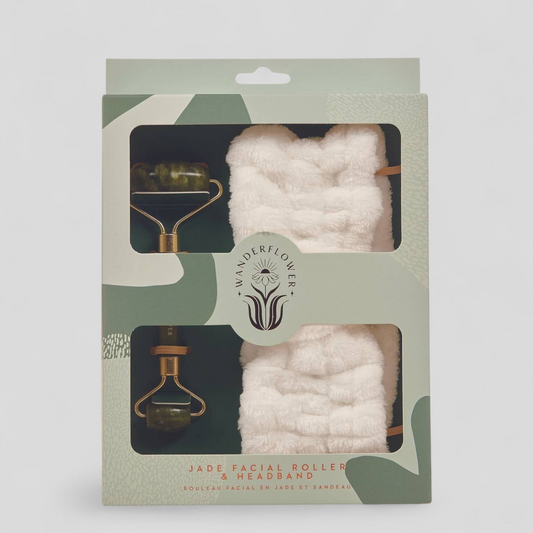 Jade facial roller with white headband – relaxing skincare set for new mums