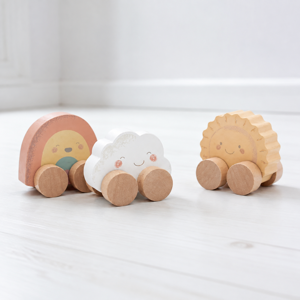 Jumini Baby mini wooden push along toys with sun, cloud and rainbow designs
