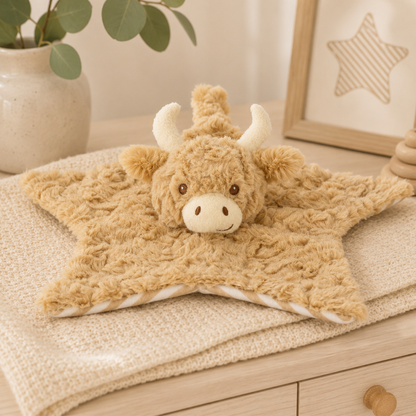 Keeleco Hamish Highland Cow comforter made from 100% recycled materials, measuring 32cm.