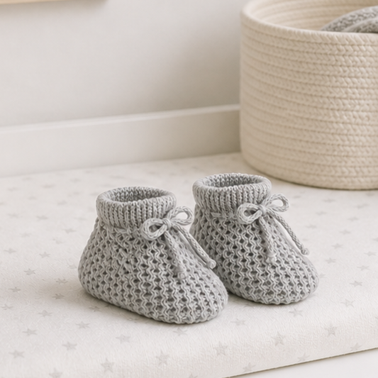 Pebble grey baby booties – unisex newborn baby gift from Ema and Boo