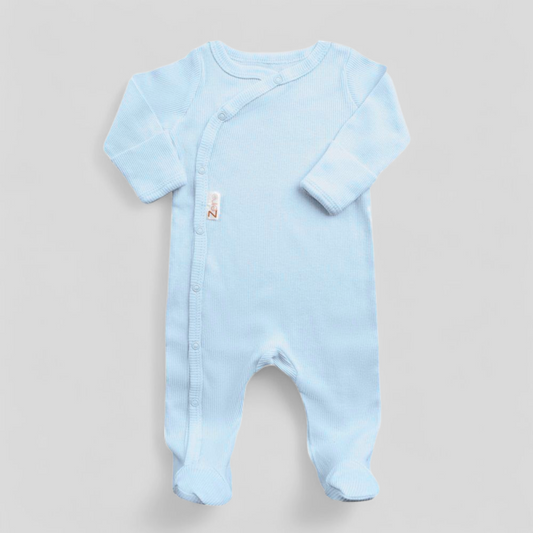 Light blue ribbed baby boy sleepsuit with popper fastening