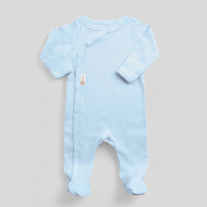 Light blue ribbed baby boy sleepsuit with popper fastening