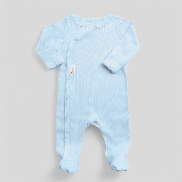 Light blue ribbed baby boy sleepsuit with popper fastening