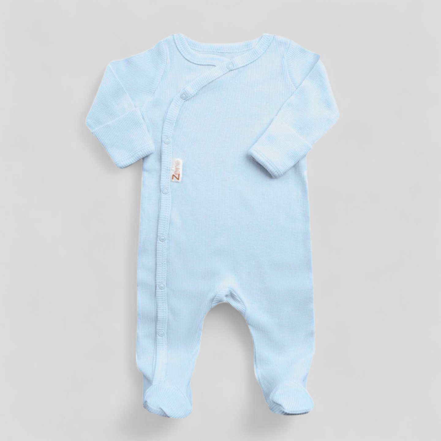 Light blue ribbed baby boy sleepsuit with popper fastening