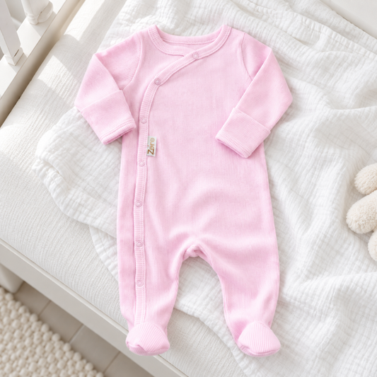 Light pink ribbed newborn sleepsuit with front poppers