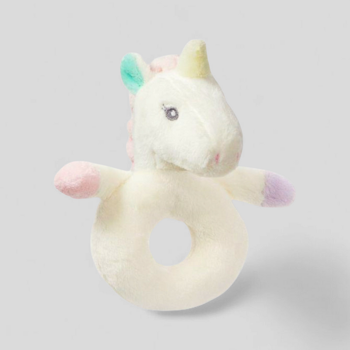 Lil’ Sparkles unicorn baby rattle – pastel ring rattle toy in soft cream and pink for babies
