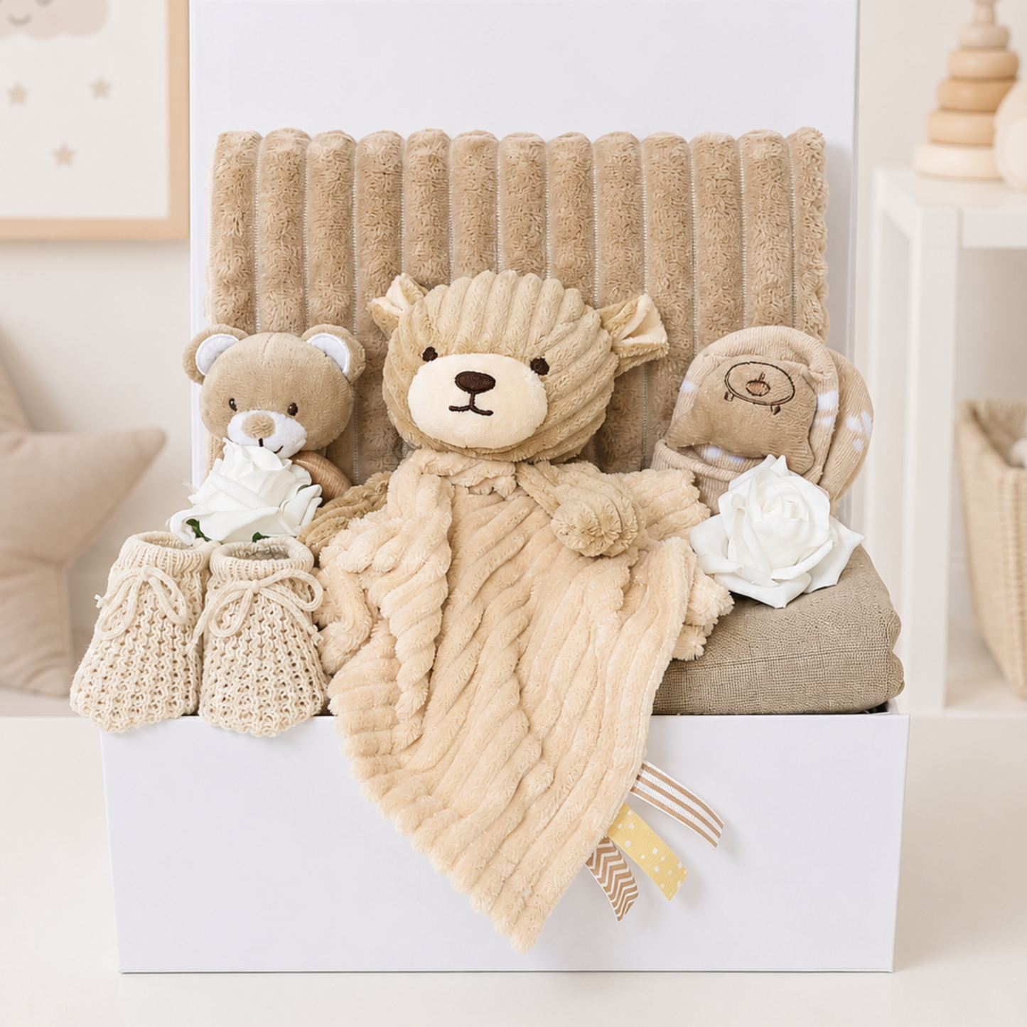Little Bear Hugs neutral baby gift box with bear comforter and beige newborn essentials