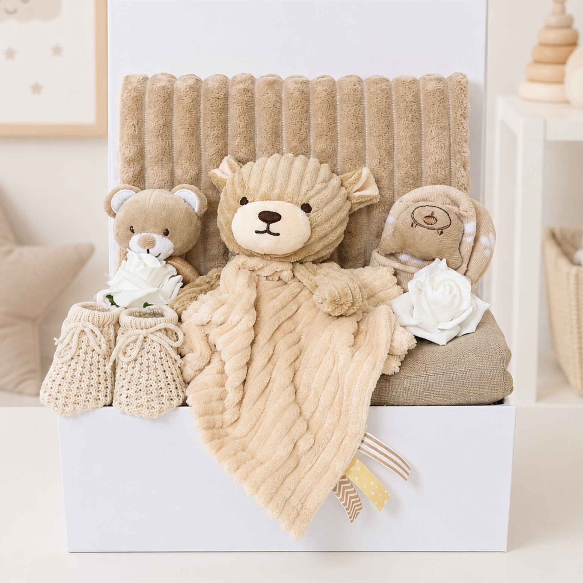 Little Bear Hugs neutral baby gift box with bear comforter and beige newborn essentials