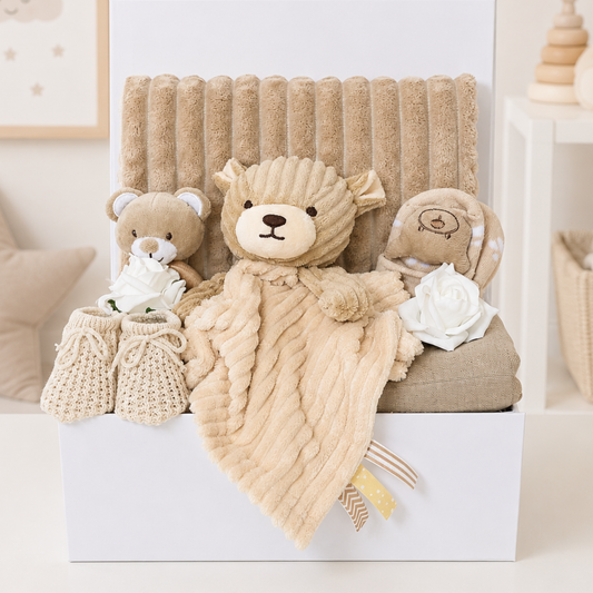 Little Bear Hugs neutral baby gift box with bear comforter and beige newborn essentials